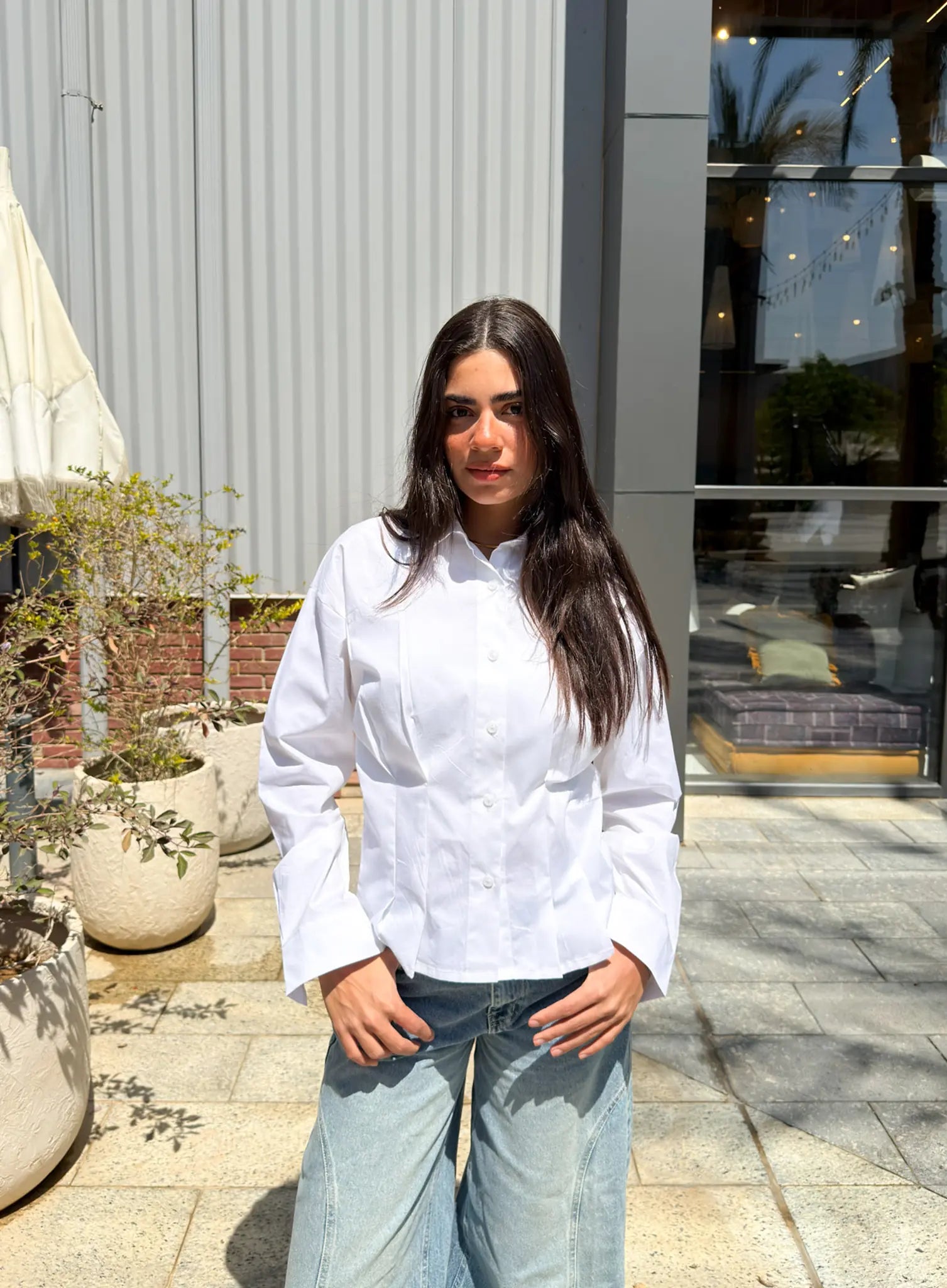 Poplin Pleated Shirt -White