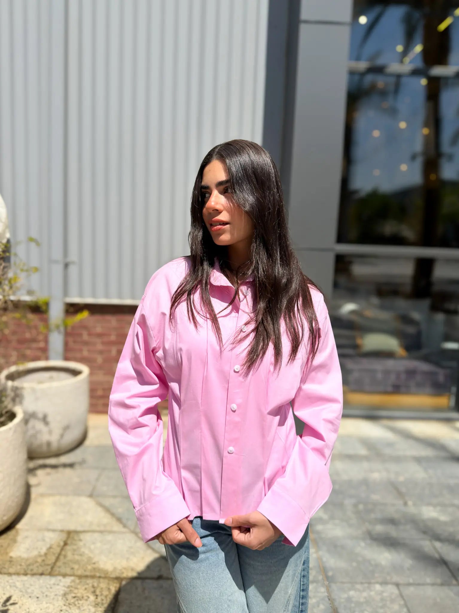 Poplin Pleated Shirt -Pink