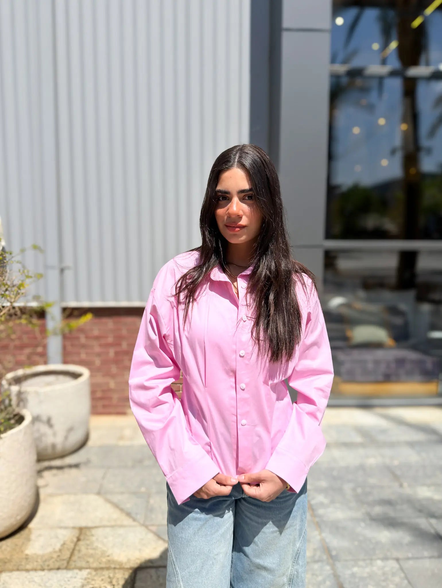 Poplin Pleated Shirt -Pink